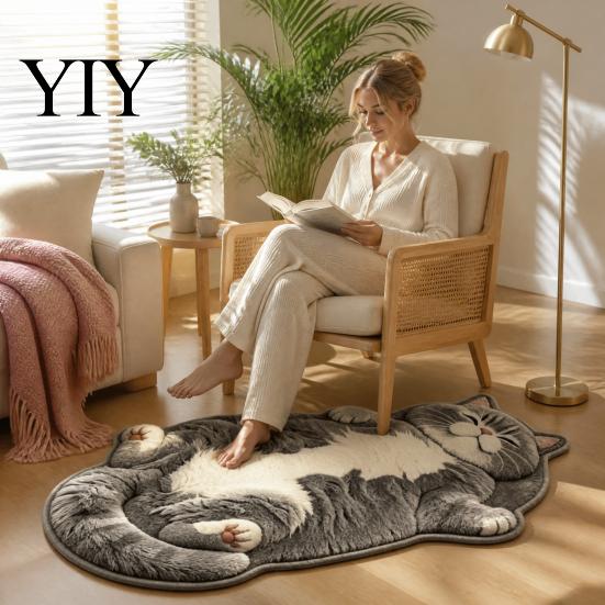 Easy to Clean Bedroom Rug Cozy Cat Shaped Floor Rug, Plush Cartoon Area Mat, Soft Whimsical Pet Themed Cover Crystal Velvet Decorative for Bedside And
