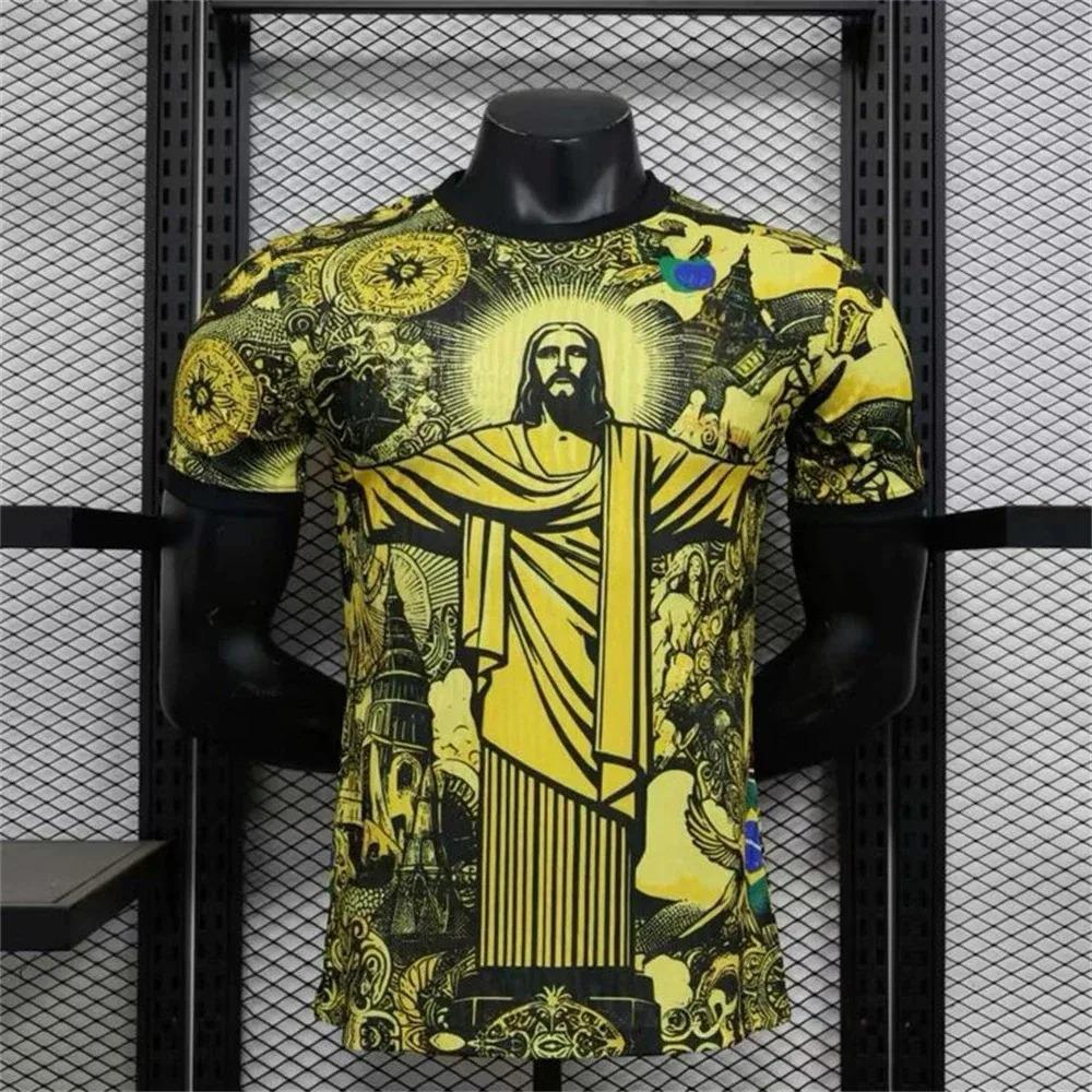 ETST35 2026 Zomer Brazili&euml; Speciale Editie Jezus Zwart Grijs Voetbalshirt Ademend Sneldrogend Ronde Hals Korte Mouw T-shirt 5XL