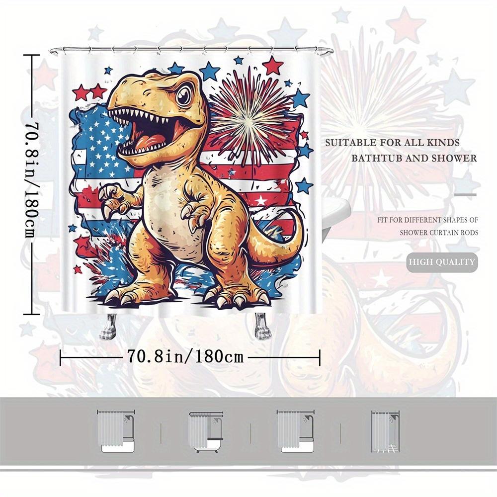 1Pc Patriotic Dinosaur Shower Curtain, 4Th Of July Stars Stripes Fireworks Design, Polyester Fabric, 12 Hooks, 70X70 Inches,