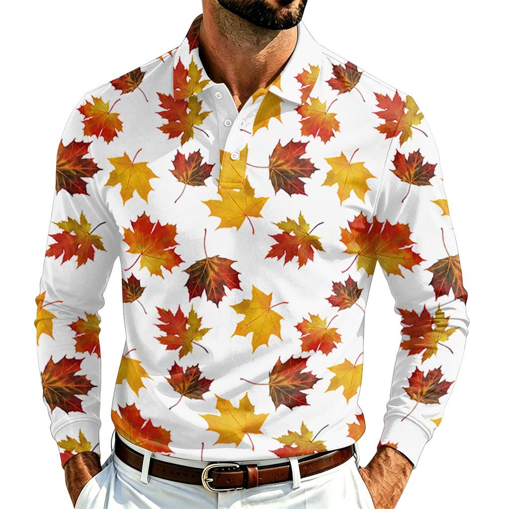 Camicia da uomo a maniche lunghe, leggera, in rete traspirante, con colletto stampato a foglia d'acero, per l'autunno