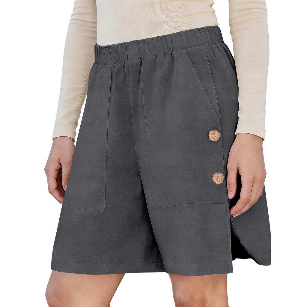Damen locker lässige Shorts, lässige lockere Baumwoll-Leinen-Hose, mit Taschen