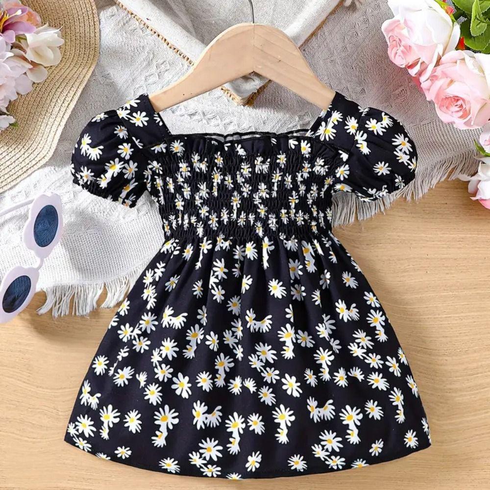 Square Collar Summer Flower Dress Puff Sleeve Toddle Dress Baby Girls Princess Dress  Summer