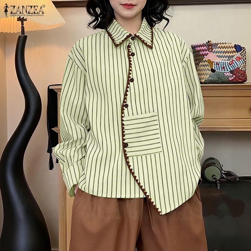ZANZEA Women Stripe Print Loose Casual Long Sleeve Blouse