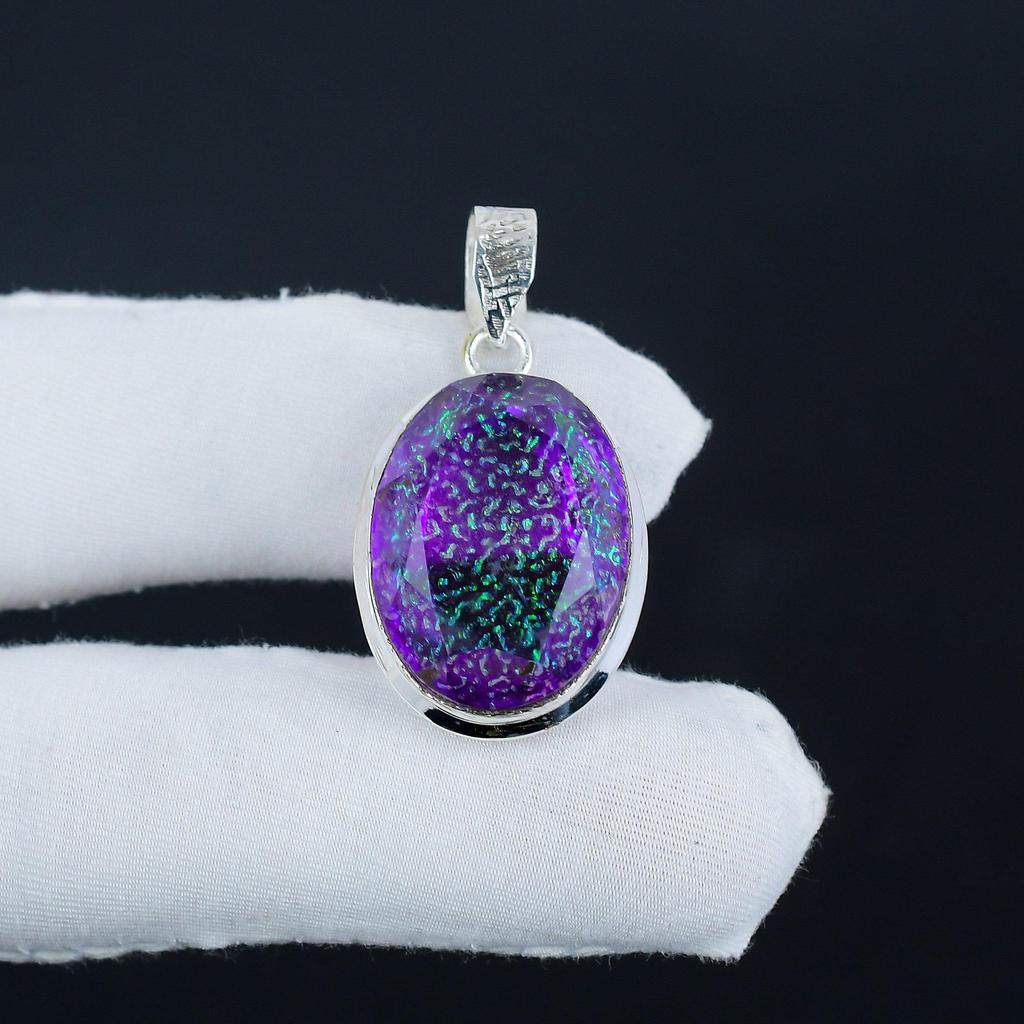 Dainty Purple Fire Opal Gemstone Silver Pendant In 925 Sterling Silver - Handmade Pear Design, Everyday Wear Jewelry Engagement Gift