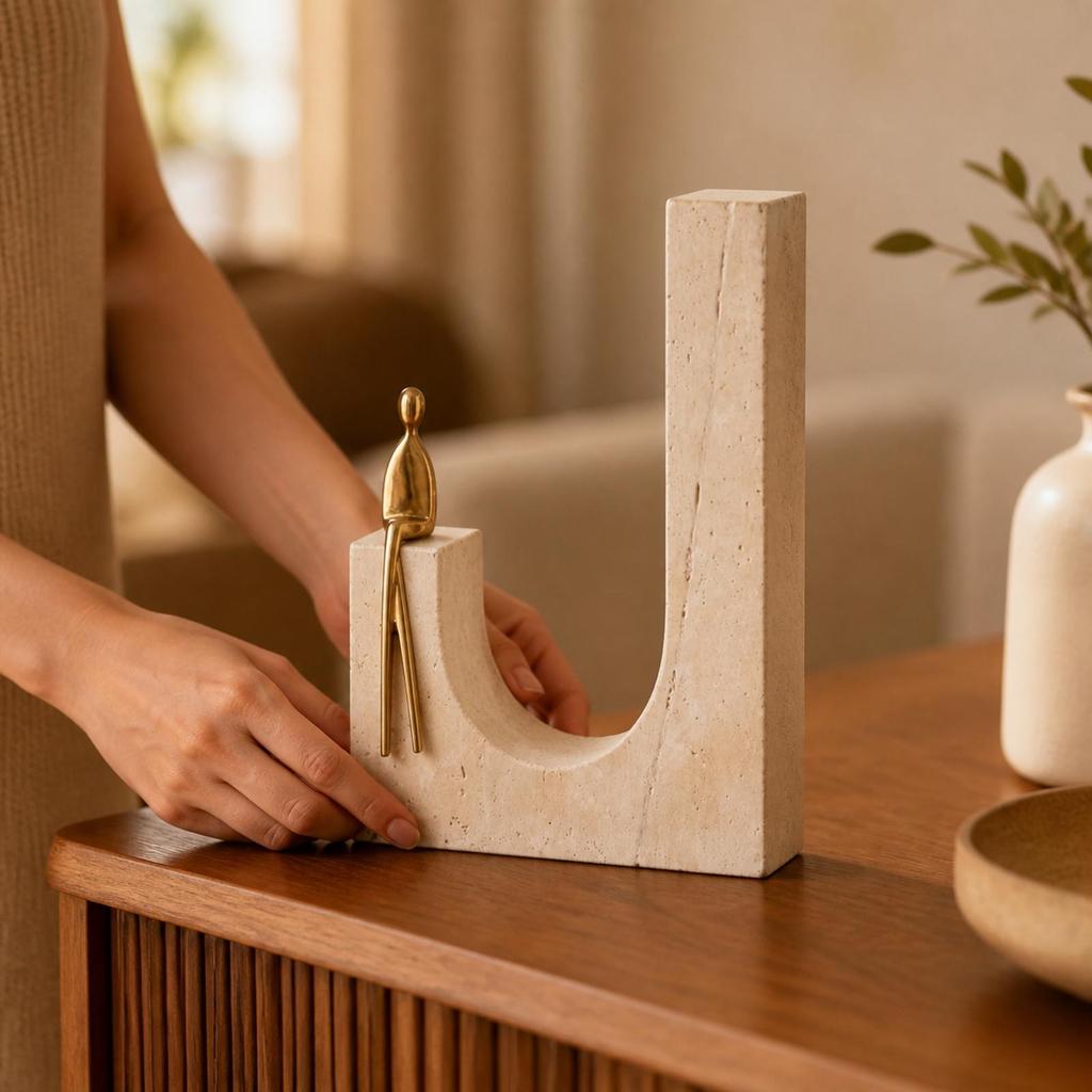Abstract Geometric Sculptural Ornament Versatile Stone and Metal Tabletop Decor