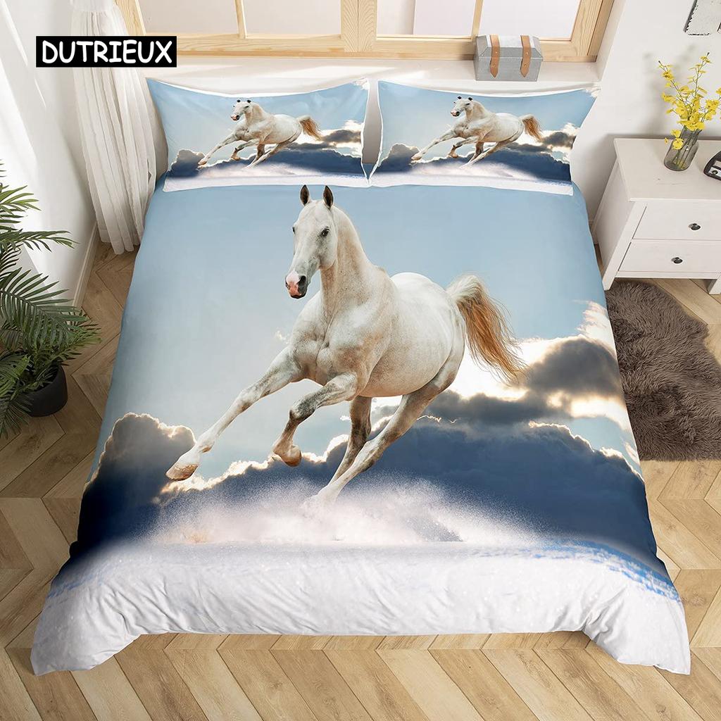 White Horse Påslakanset Queen Size Mikrofiber 3D Hästtryck Sängkläder Vilda Djur Täcke Djur 2/3 st Täckesöverdrag
