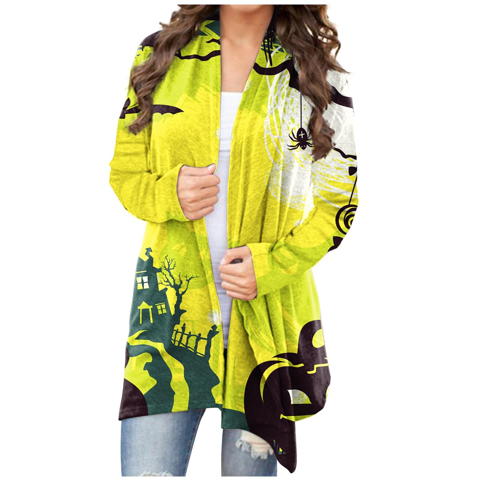 

Женский кардиган, свободное повседневное верхнее пальто с карманами и длинными рукавами с принтом Хэллоуина L жёлтый