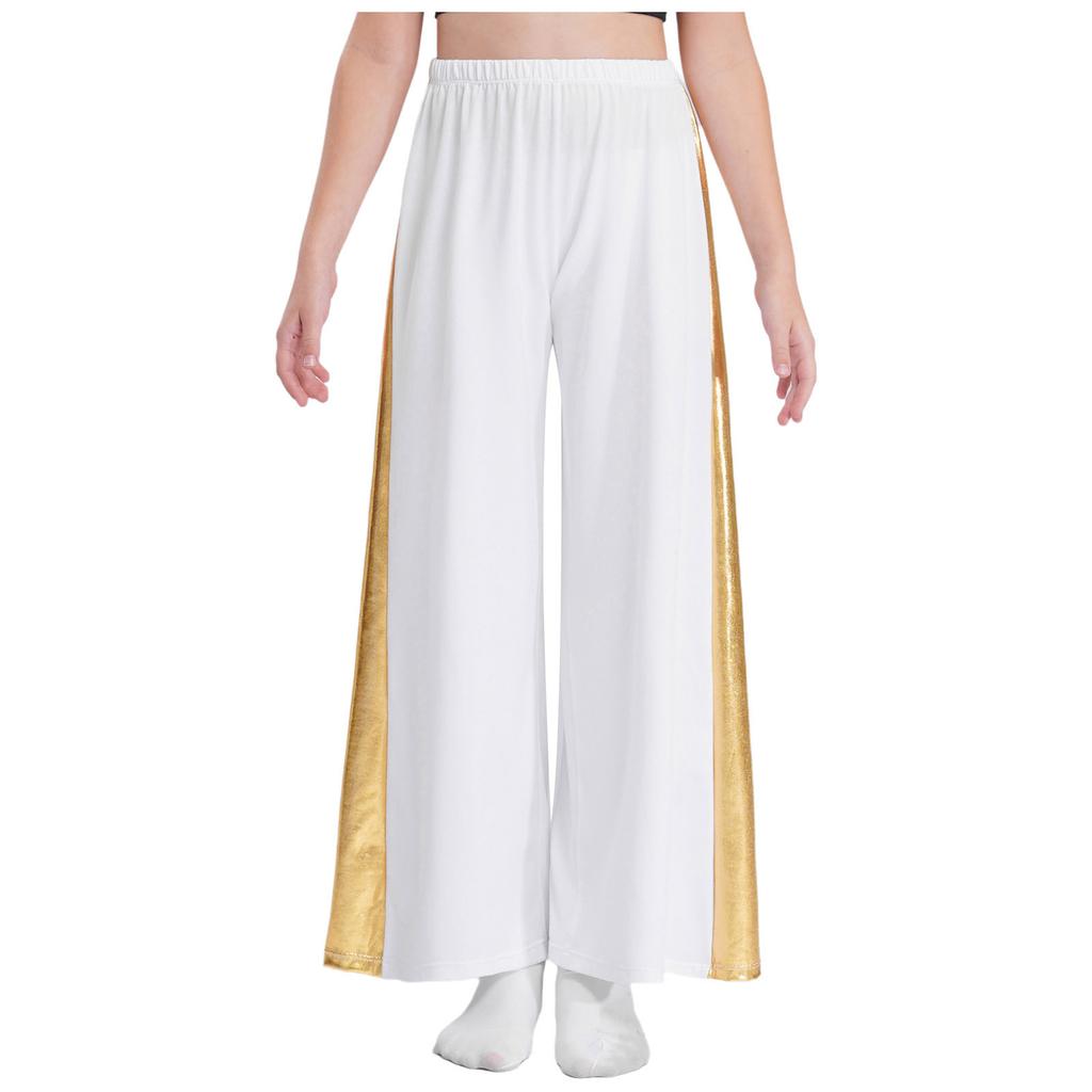Girls Liturgical Dance Pants Metallic Patchwork Wide Leg High Waist Elastic Waistband Performance Trousers