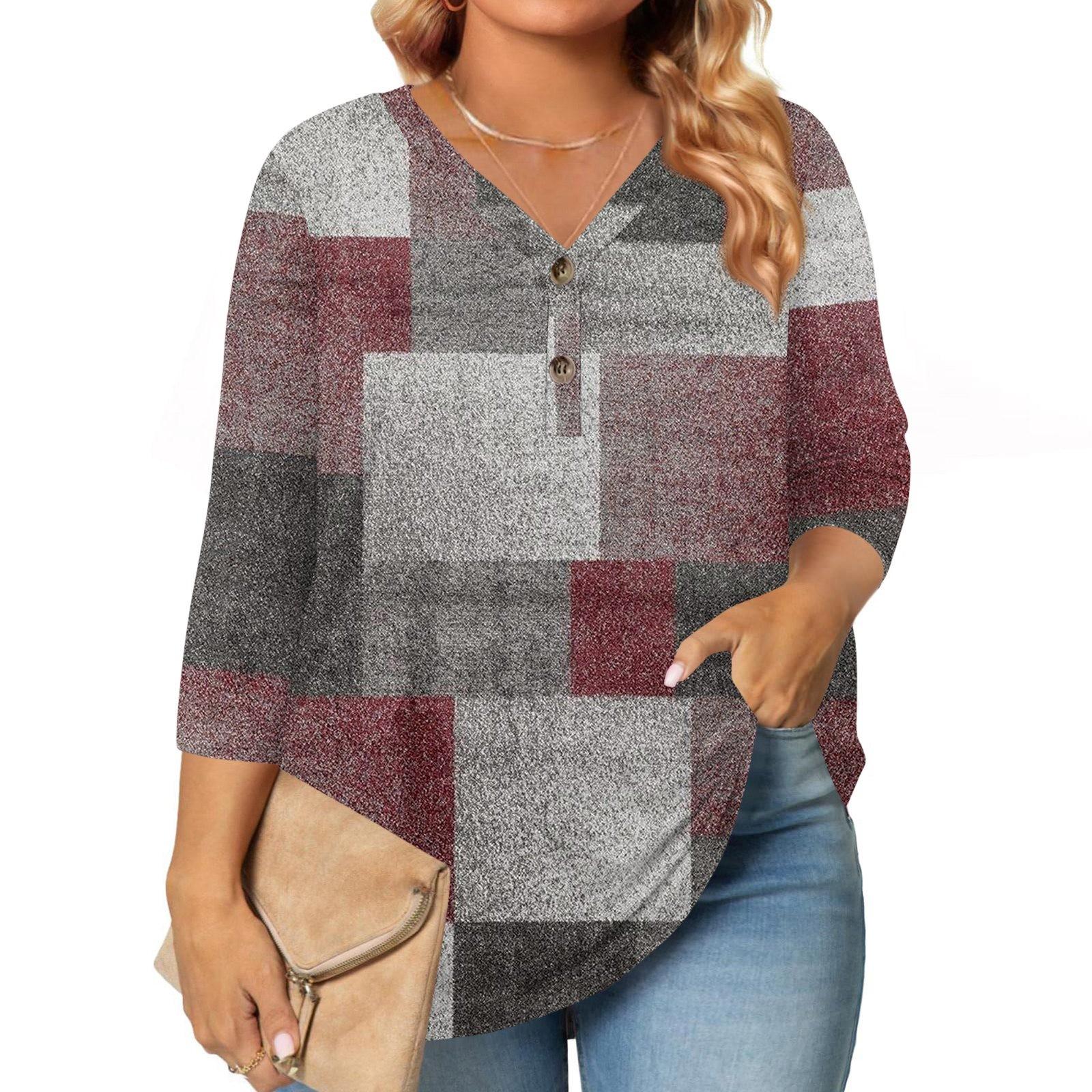 

Womens 3/4 Length Sleeve Tops Plus Size Button Down V Neck Shirts Blouses Casual Printing Loose XL винний