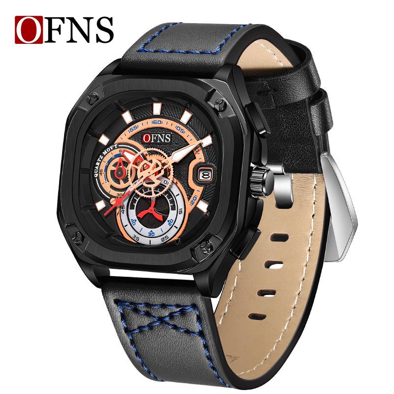 OFNS Men s Luminous Chronograph: Steel  Leather Straps, Three Subdials, Six Hands, Waterproof Quartz Watch