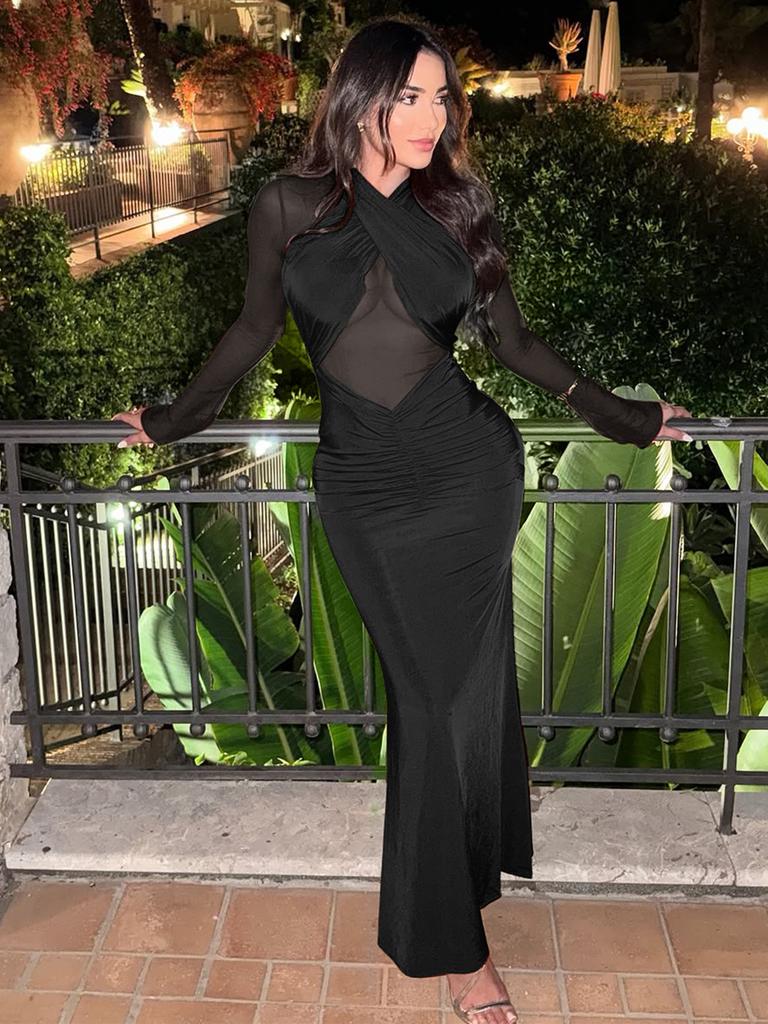 Long Sleeve Solid Color Sheer Mesh Bodycon Dress For Winter Party And Night Out