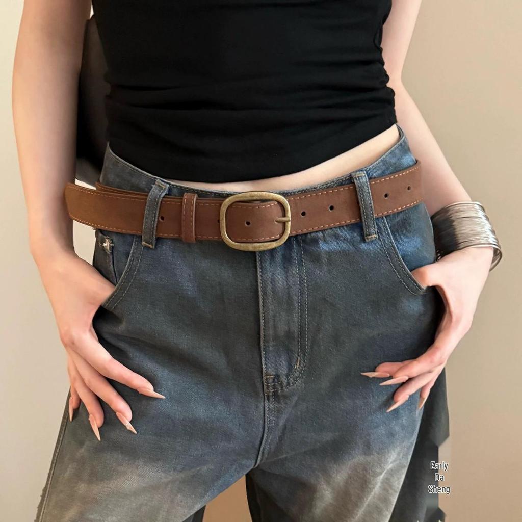 Women's High-End Retro Brown Leather Belt with Buckle - Stylish Wide Waistband Accessory for Jeans