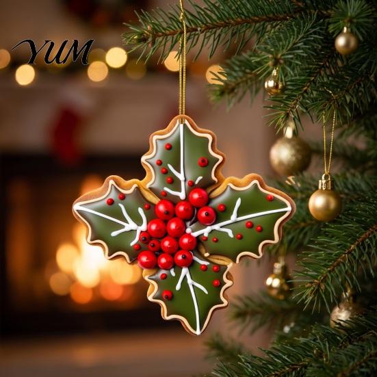 Indoor Hanging Decor 2D Acrylic Christmas Ornament, Gingerbread Snowflake Red Berry Decoration Decorative Holiday Pendants for Xmas Tree, Car Rearview