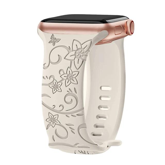 Floral Engraved Strap For Apple Watch Band 40mm 44mm 41mm 49mm 45mm 38mm 42mm Silicone Bracelet Iwatch Series 9 7 Se 6 8 Ultra 2