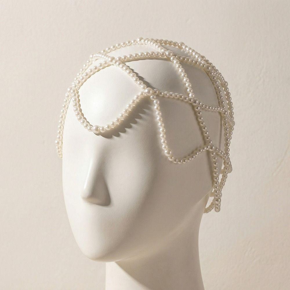 Hand-Made Pearl Hat Chain Pearls Weave Pearl Headpiece Stylish Bridal Head Ornament  Bridal Wedding
