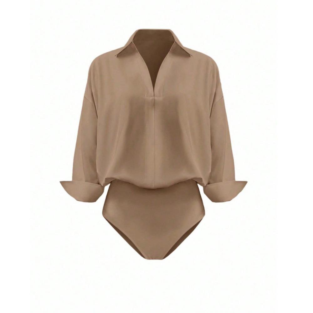 

Fashion Design Style Reversible Collar One-piece Fitted Short-sleeved Blouse for Women 2XL хакі