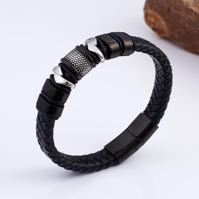 16MM Wide Stainless Steel Wrap Bracelet for Man Black Genuine Leather Men's Bracelets Bangles with Magnet Clasp Engraved Gifts