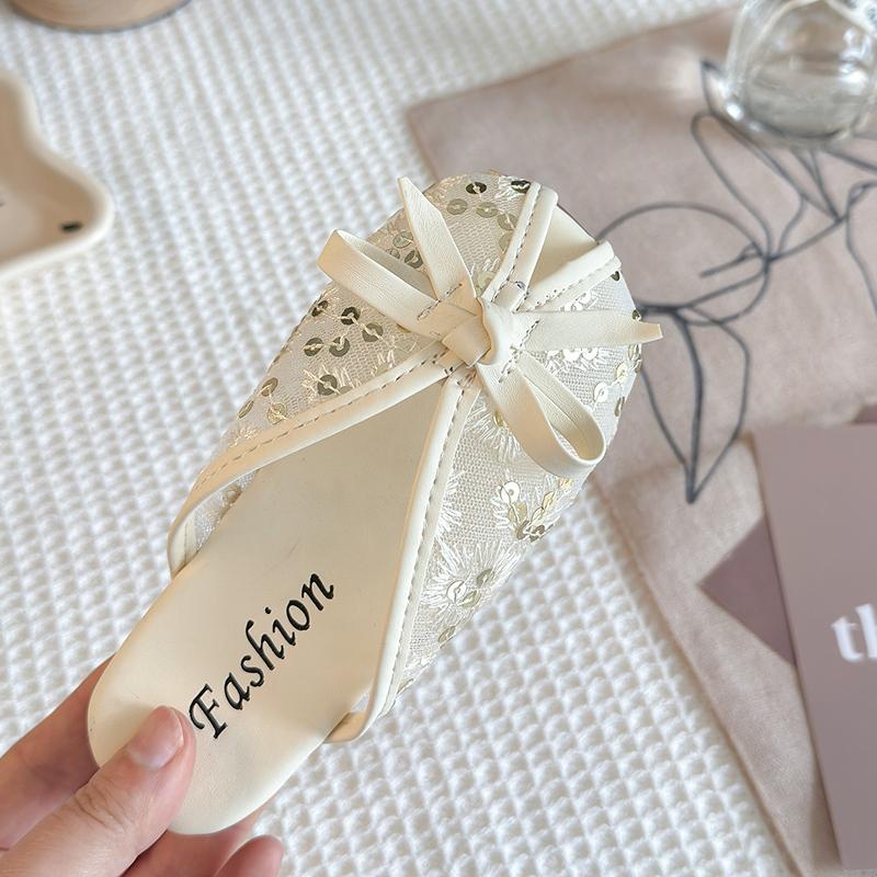 Summer New Kids Slippers for Girls Anti-slippery Sole Toddler Beach Shoes with Embroidered Floral Bowknot Princess Vacation Wear