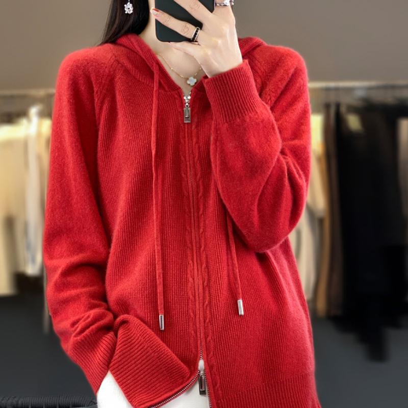Dámský kardigan s kapucí na dvojitý zip pro podzimní a zimní módu Všestranná teplá pletená bunda Všestranná mikina s dlouhým rukávem