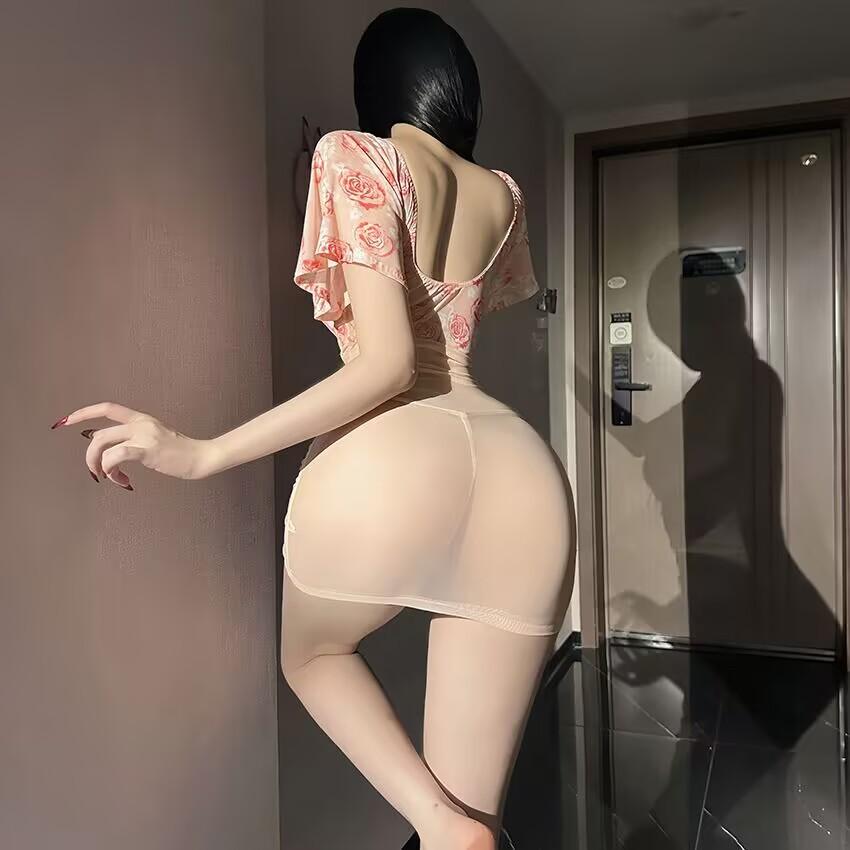 Sex underwear pure desire wind nightdress backless hip skirt floral sexy temptation deep V clothing