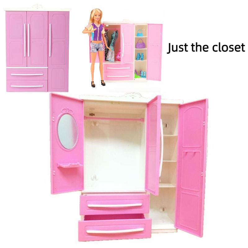 Doll Wardrobe Barbie Toys Threedoor Furniture Plastic Clothes Cabinet Storage