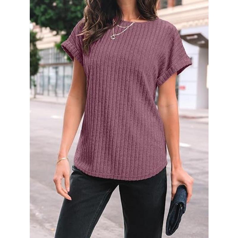 Solid Color Round Neck Ribbed Loose Short Sleeve Casual T Shirt Top For Women