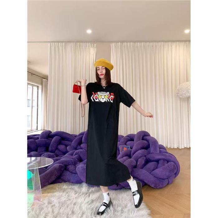 Loose and Casual Plus-size Mid-length Knee-length Long Dress, New Short-sleeved T-shirt Dress, Korean-style Printed Dress for Women