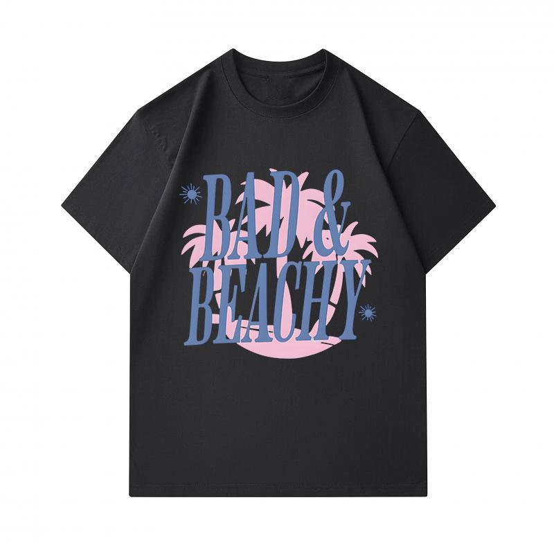 Men's 100% Cotton Crew Neck Short Sleeve T-Shirt, Casual Bad & Beachy Letter Print Palm Sun Pattern Soft Breathable Summer Daily Tees for Beach Vacati