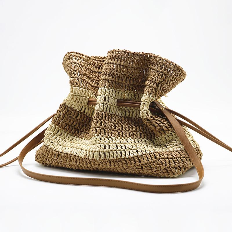 New Striped Crochet Bag Single-shoulder Tote Straw Bag Closed Women's Crossbody Bucket Bag Woven Beach Bag ARI