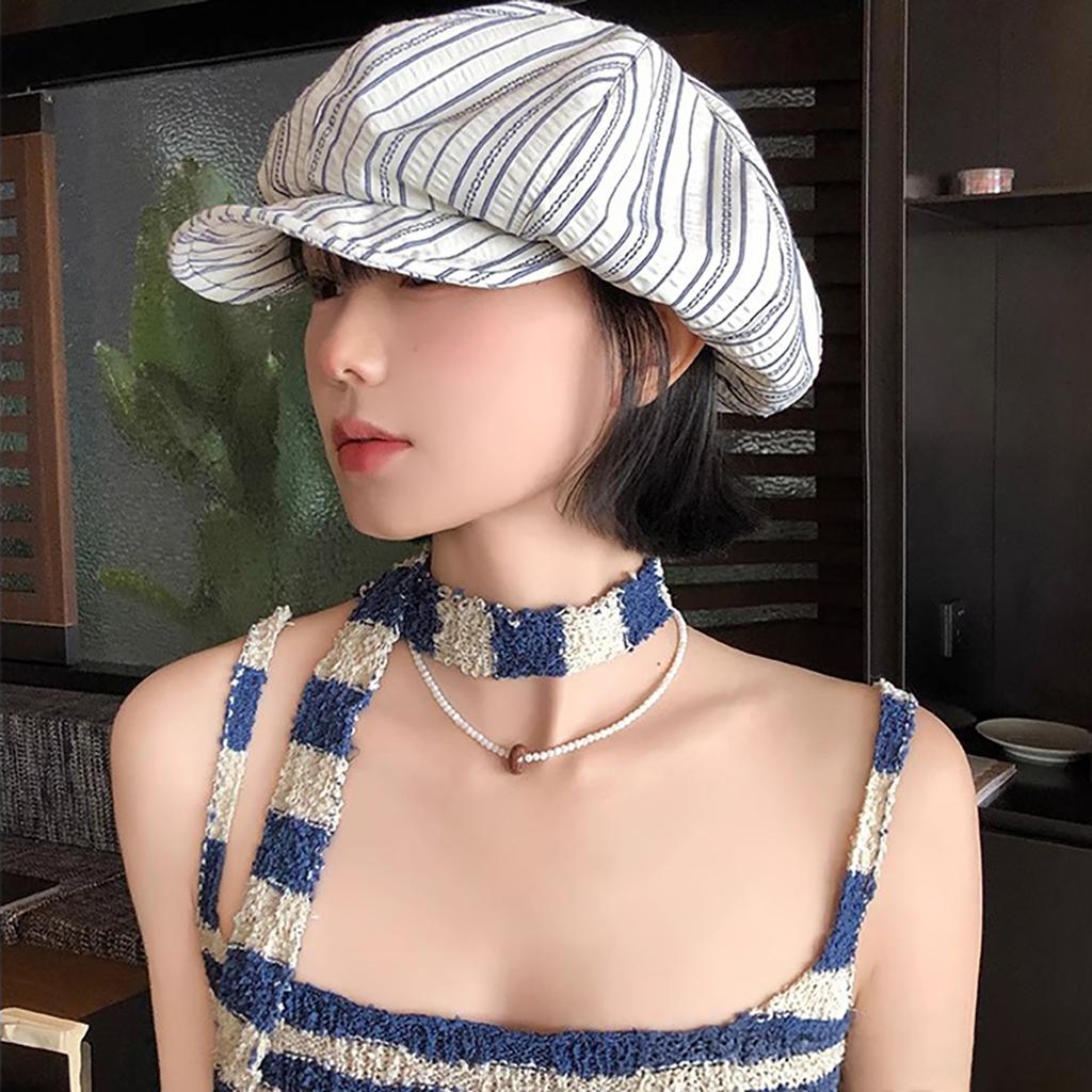Women Vintage Striped Pleated Beret Cap Spring Summer Soft Brim Niche Cloud Octagonal Cap Korean Girl Artist Newsboy Peaked Hats
