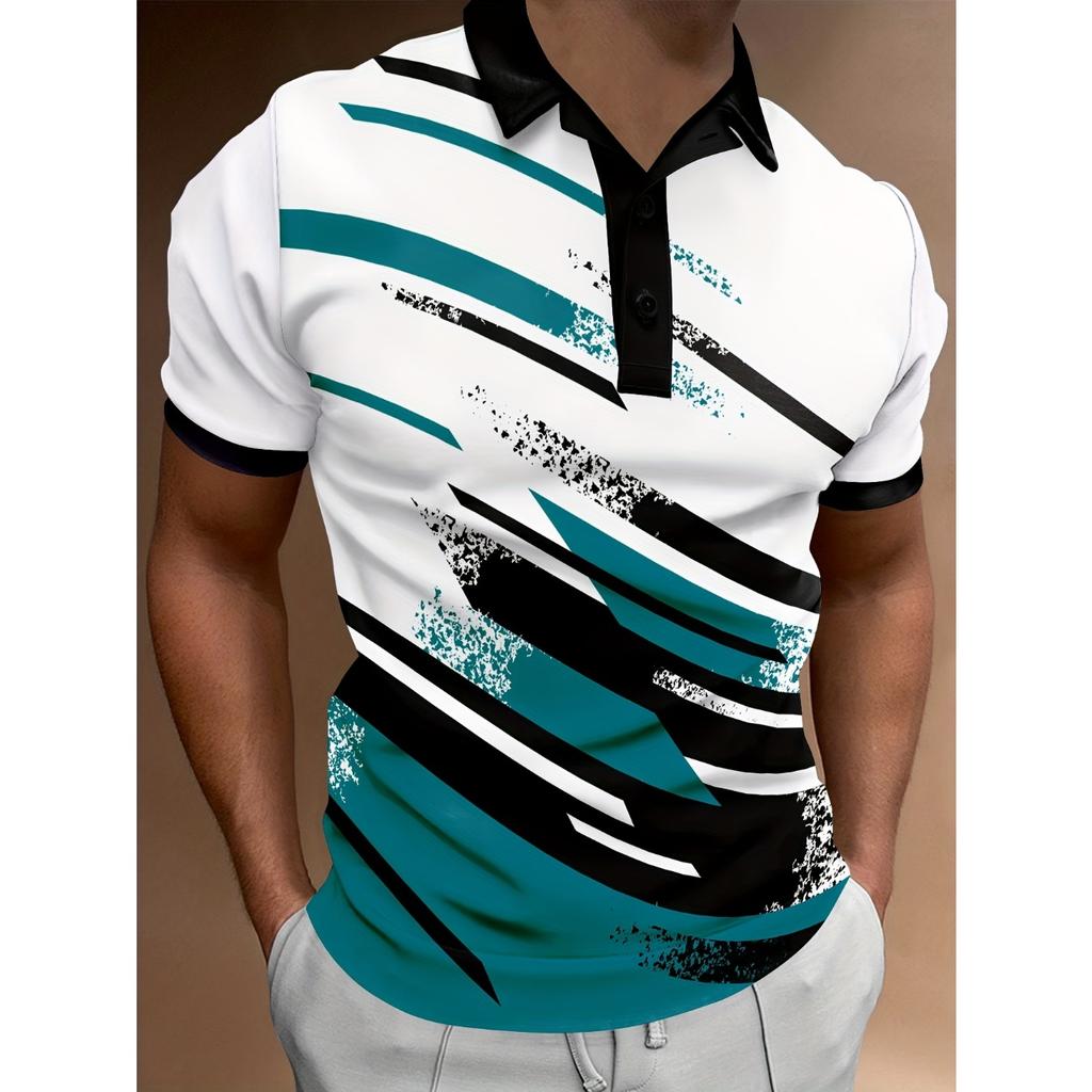 Men's Polo Shirts 3D Digital Pattern Casual Button Up Short Sleeve Shirt Breathable Comfortable