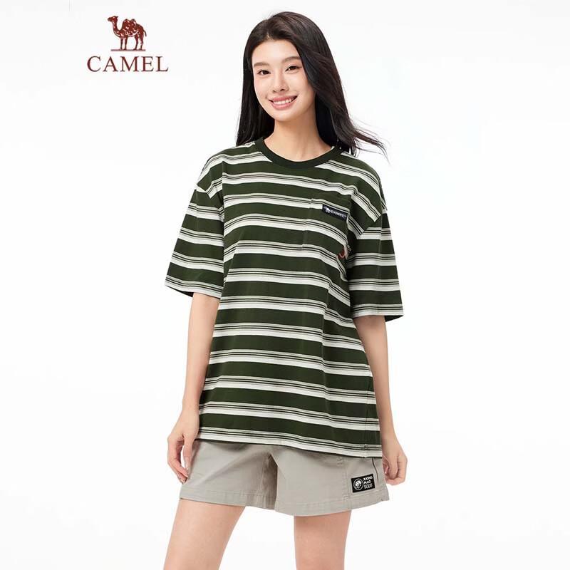 CAMEL Unisex Loose-Fit Striped Short Sleeve T-Shirt L