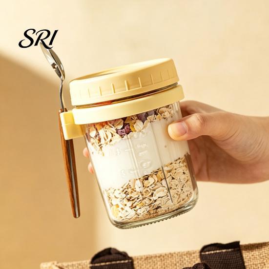 BPA-free Glass Food Container Overnight Oats Containers with Airtight Lid & Spoon 350ml Breakfast for Yogurt Clear Cereal Storage Jar Salad