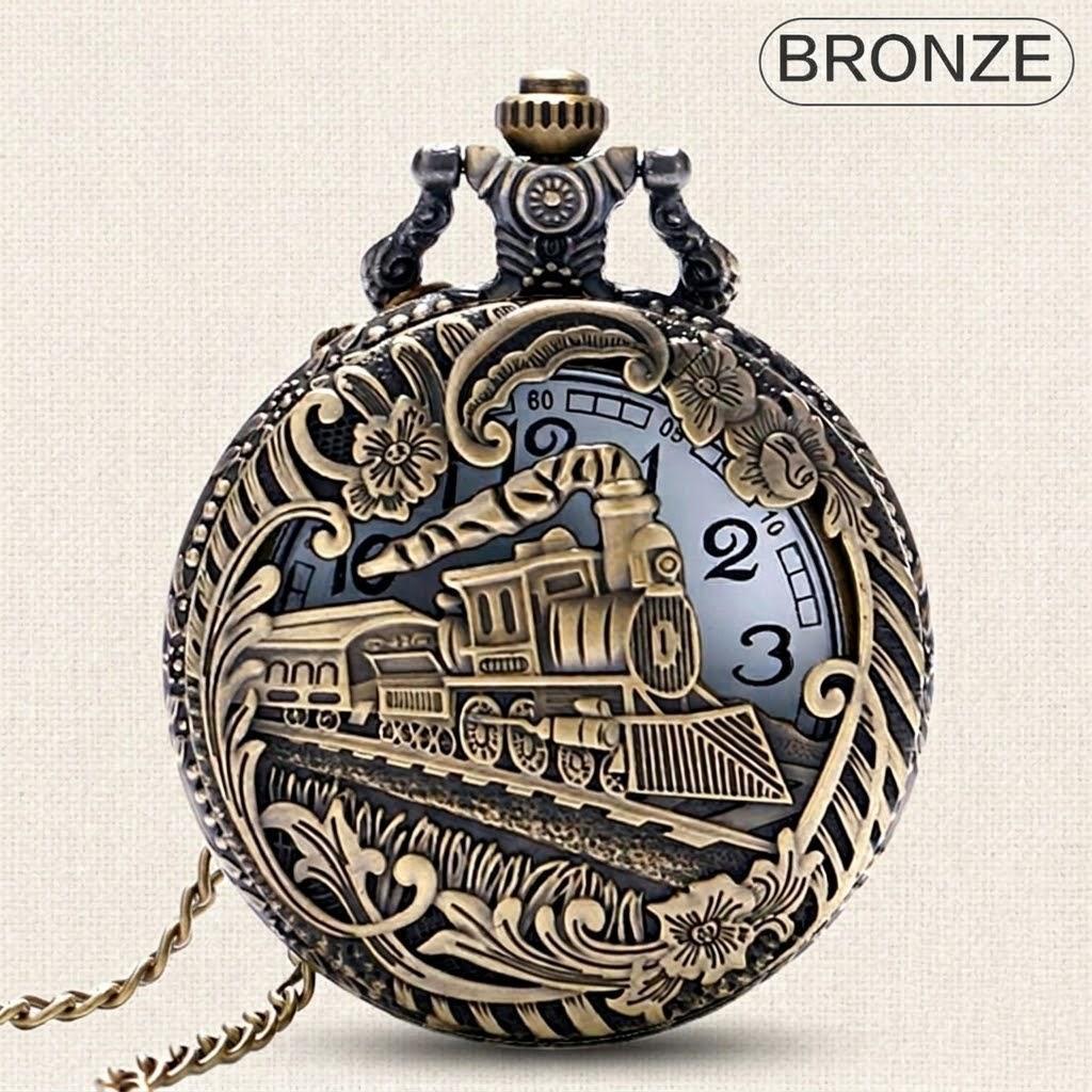 

Vintage Steam Train Antique Chain Quartz Pocket Watch Round Skeleton Case Roman Numerals Locomotive Pendant Watch бронзовий