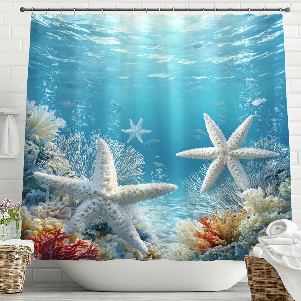 Beach Shower Curtain, Starfish Seashells Coral Ocean Bathroom Decorative Shower Curtain, Waterproof Shower Curtain with Hooks