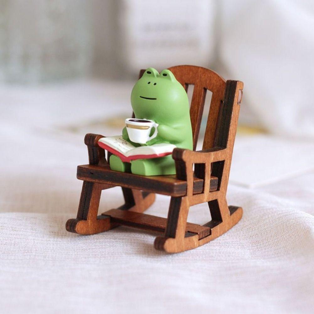 2PCs/set Cute Rocking Chair Frog Models Mini Cartoon Reading Frog Miniatures Handmade Small Chair Ornaments Birthday Decor