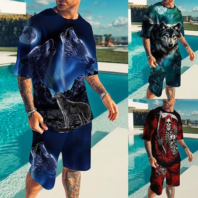 Men's Suit Summer Casual Breathable Refreshing Suit Printed 3D Wolf Oversized Men's Loose Top Fashion Short Sleeves