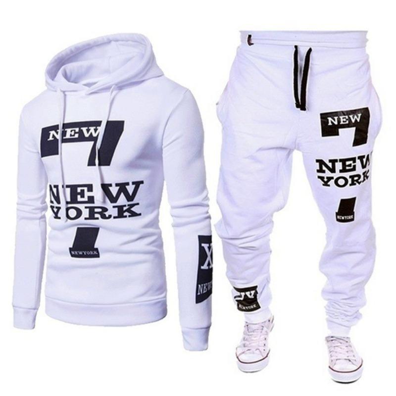

Mens Casual New York Print Hoodie And Sweatpants Two Piece Tracksuit S белый