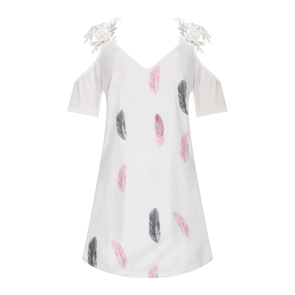Women's Printed V-Neck Strapless Short Sleeve Spliced Lace Dress