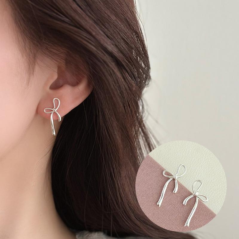 PANJBJ 925 Silver Bow Knot Earring for Women Texture Tassels Sweet Romantic Korean Jewelry Gift