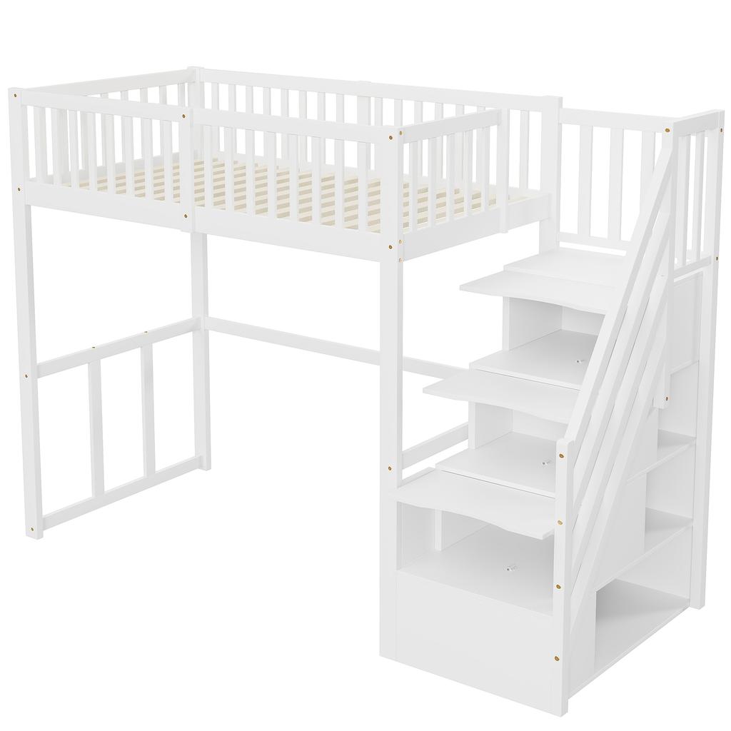 Letto a soppalco 90x200 con scala di sicurezza e contenitore, struttura del letto in legno massello di pino per bambini e adolescenti, bianco
