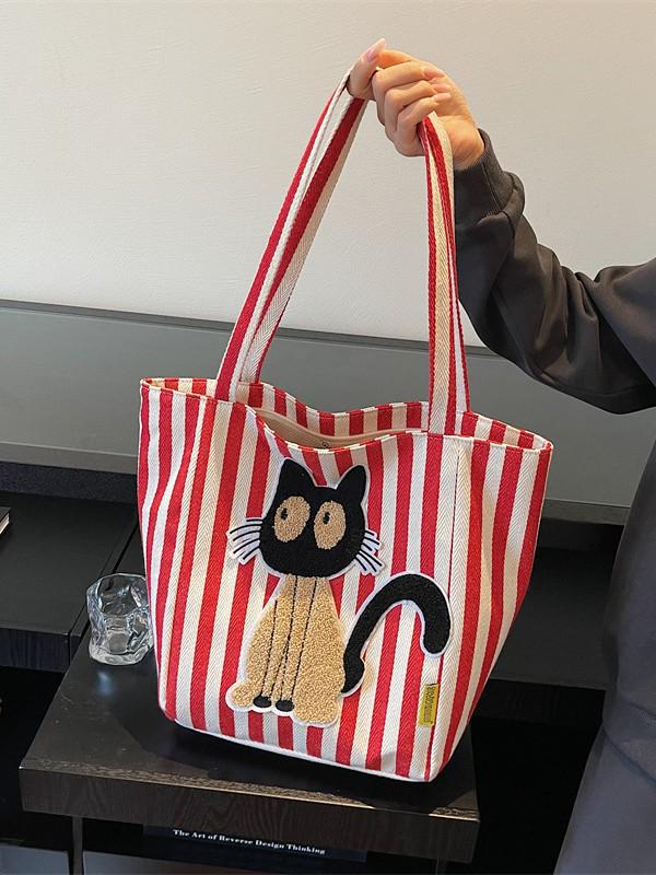 Korean Striped Cartoon Chenille Embroidery Canvas Bag - Large Capacity Cute Girl's Trendy Tote