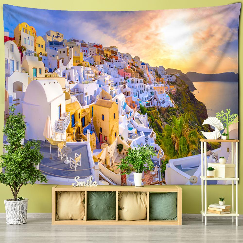 Colorful Castle Building Village Tapestry Wall Hanging Bohemian Style Simple Ins Psychedelic Hippie Bedroom Home Decor