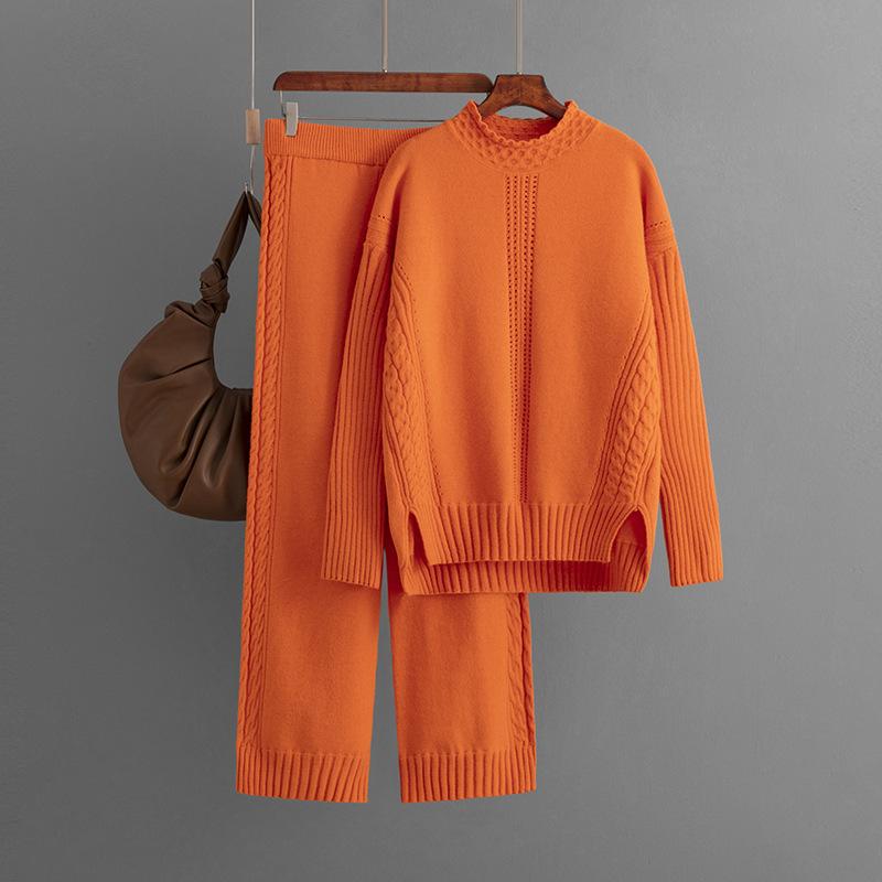

Women s Autumn And Winter Fashion Suit Casual Solid Color Loose Knit Half High Neck Sweater Two Piece Set One Size