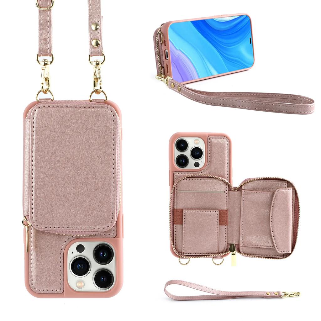 Crossbody Long Strap Leather Phone Case For iPhone 15 Pro Max 14 Plus 13 12 11 Pro Zipper Wallet Card Bag Cover with Lanyard