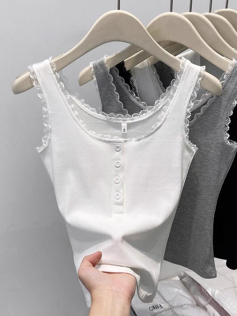 Koronkowe wykończenie, gładki prążkowany top na ramiączkach dla kobiet, wiosenny, zapinany na guziki, dekolt U, bez rękawów, dopasowany, prosty bawełniany podstawowy podkoszulek, słodkie topy Y2k