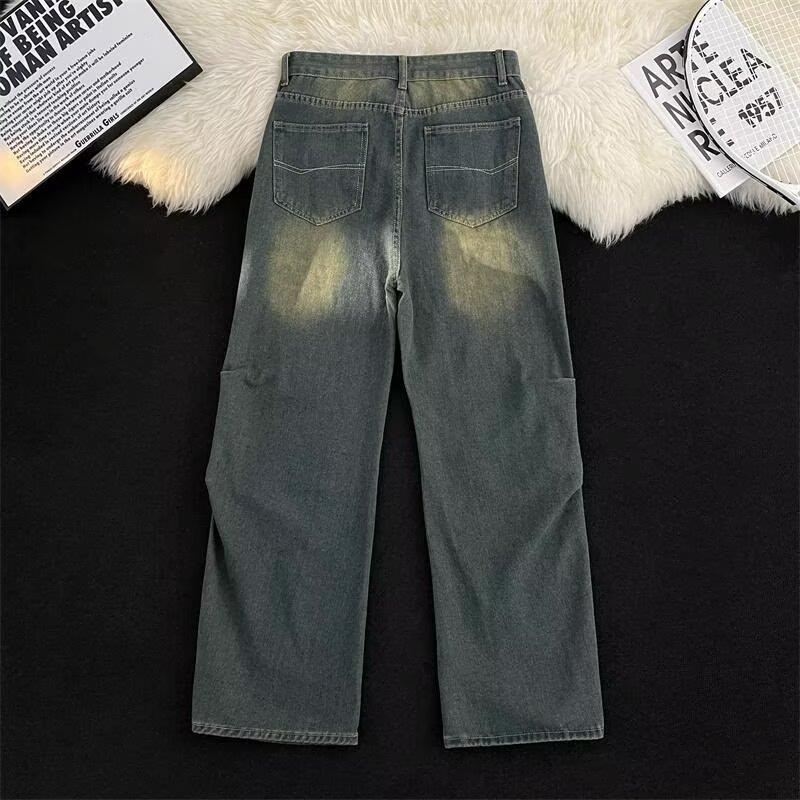 Høst Rettben Jeans Herre Vasket Casual Trendy Merke High Street Designfølelse, Robust Og Kjekk Retro Plissert Gulvlange Bukser