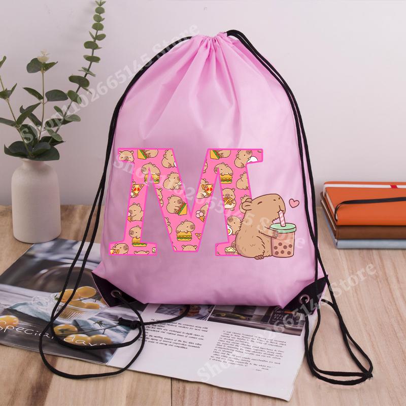 Capibara Girls Drawstring Backpack Cute Capybara Letter A-Z Storage Bag Kids Outdoor Sport Travel Rucksack Children Gifts