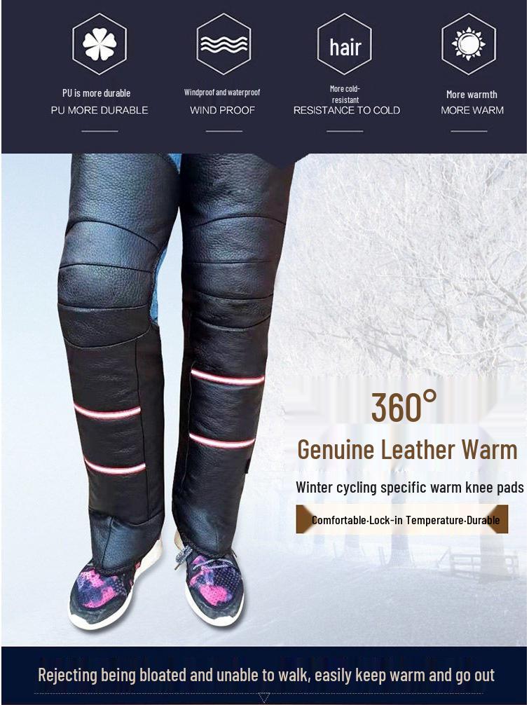 Genuine Leather Wool Knee Pads with Fleece Lining - Winter Cold Protection & Windproof for Motorcycle and Electric Scooter Riding