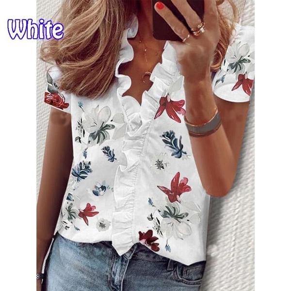 

Женские модные повседневные блузки с V-образным вырезом и коротким рукавом, милые футболки с оборками, женские блузки с цветочным принтом, свободные топы XXXXL белый